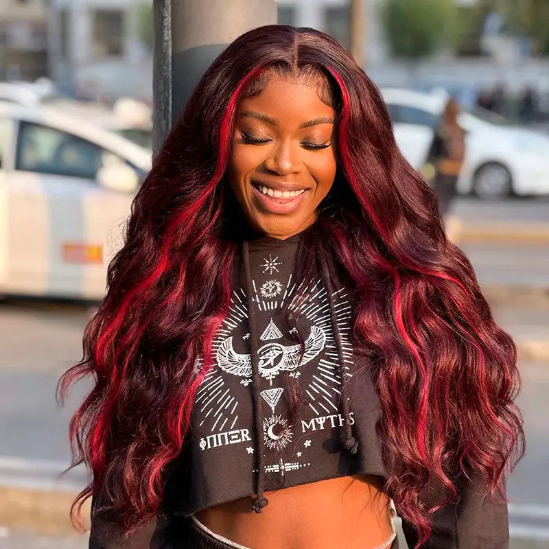 Highlight Red with Burgundy 99J Colored Body Wave Human Hair Wig 4x4 5x5 & 13x4 Transparent Lace Front Wig Pre Plucked 13X6 Lace Frontal Wig Ashimary - Image 3
