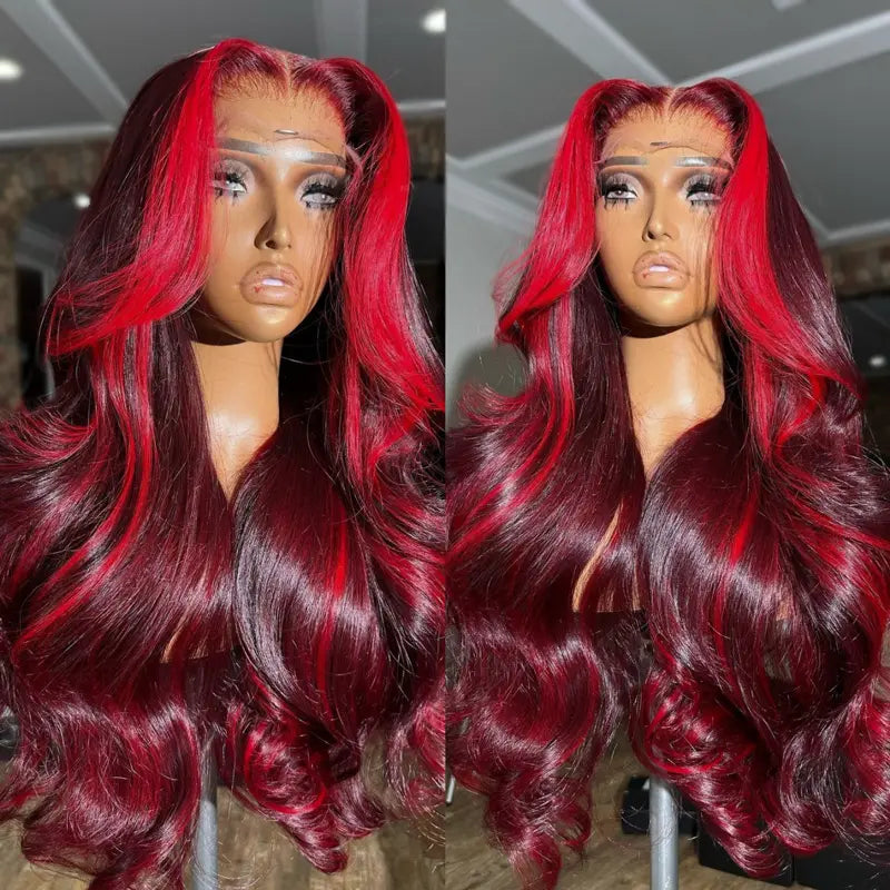 Highlight Red with Burgundy 99J Colored Body Wave Human Hair Wig 4x4 5x5 & 13x4 Transparent Lace Front Wig Pre Plucked 13X6 Lace Frontal Wig Ashimary - Image 5
