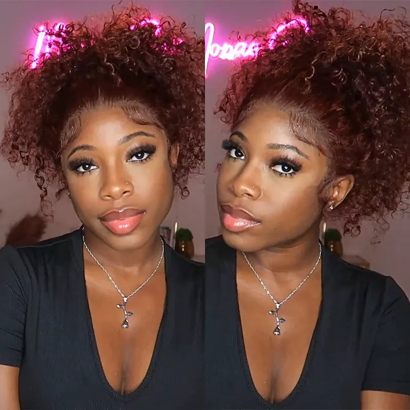 Reddish Brown Kinky Curly Invisi Strap Snug Fit 360 Melting Lace Frontal Bleached Knots Glueless Lace Wig - Image 4