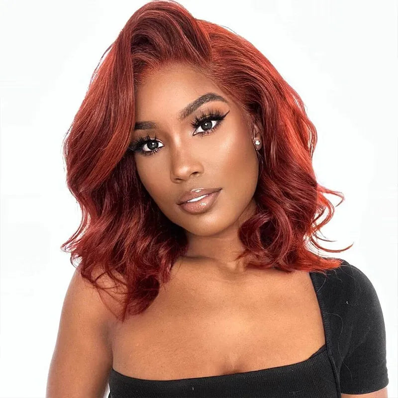 Reddish Brown Pre-Styled Body Wave Glueless Layer Wavy Bob Wig Transparent Lace Ready To Go Wigs - Image 17