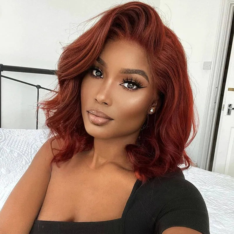 Reddish Brown Pre-Styled Body Wave Glueless Layer Wavy Bob Wig Transparent Lace Ready To Go Wigs - Image 4