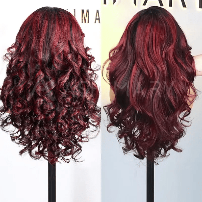 Cherry Red Highlight Layered Cut Body Wave Wig 13x6 Full Pre-Everything Wig Burgundy Highlight - Image 4