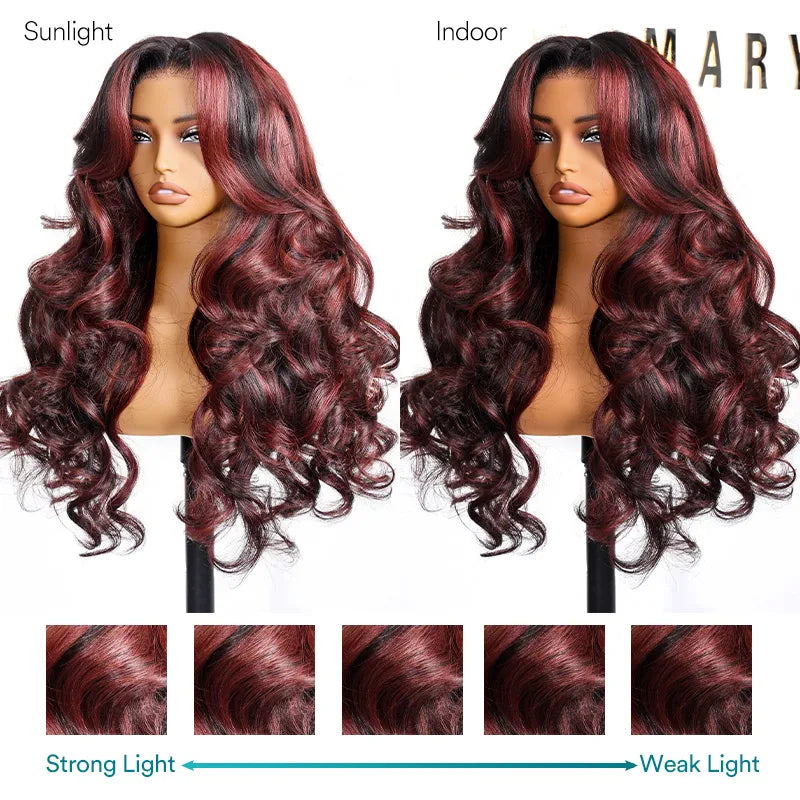 Cherry Red Highlight Layered Cut Body Wave Wig 13x6 Full Pre-Everything Wig Burgundy Highlight - Image 10