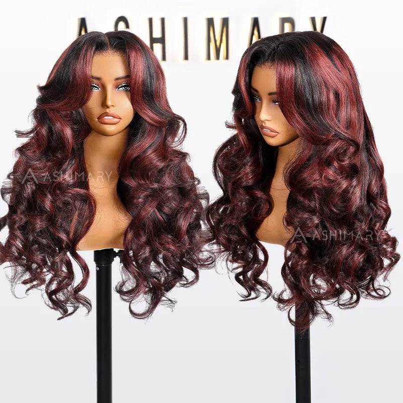 Cherry Red Highlight Layered Cut Body Wave Wig 13x6 Full Pre-Everything Wig Burgundy Highlight - Image 9