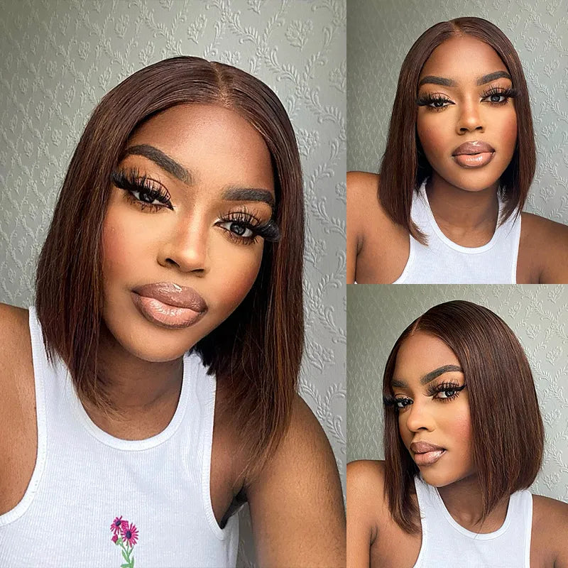 Double Drawn High Density Rich Chocolate Brown 4x4 Lace Closure Straight Blunt Cut Bob Wig - Image 2