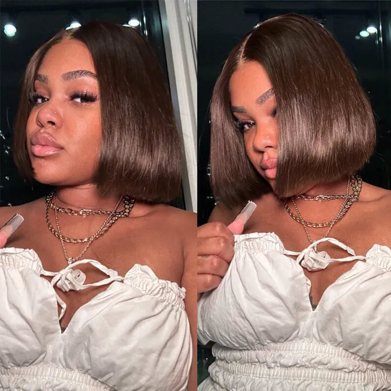 Double Drawn High Density Rich Chocolate Brown 4x4 Lace Closure Straight Blunt Cut Bob Wig - Image 5