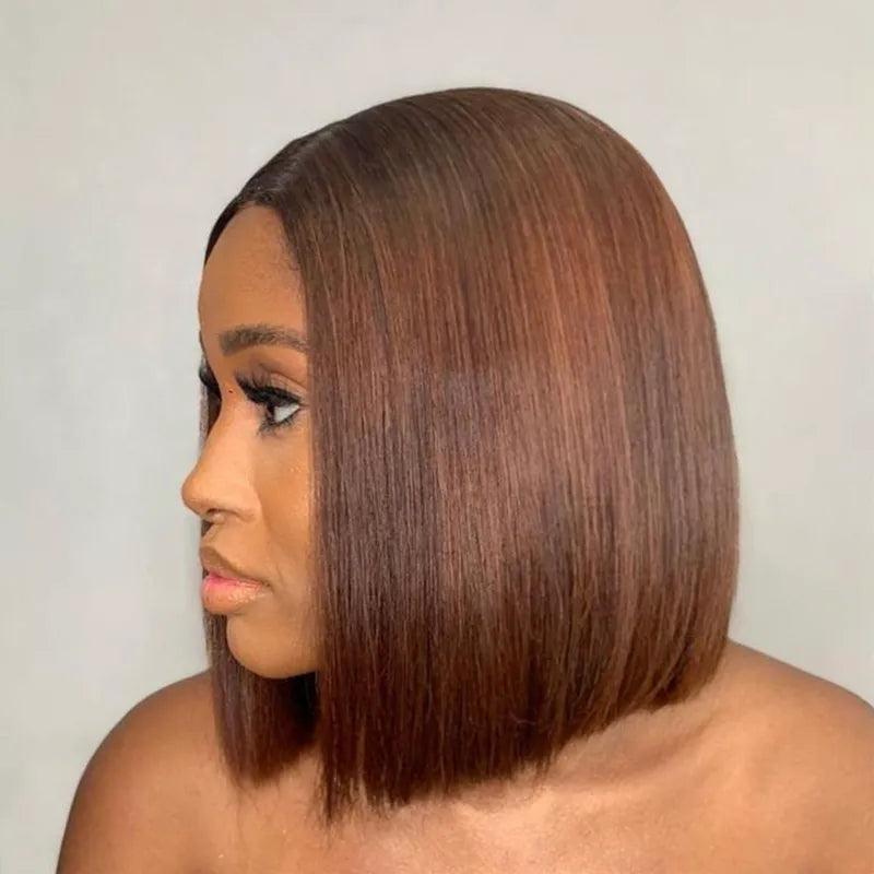 Double Drawn High Density Rich Chocolate Brown 4x4 Lace Closure Straight Blunt Cut Bob Wig - Image 3