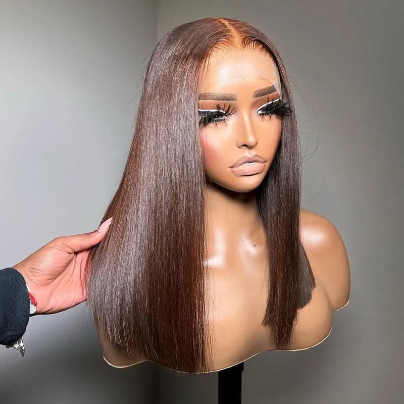 Double Drawn High Density Rich Chocolate Brown 4x4 Lace Closure Straight Blunt Cut Bob Wig - Image 7