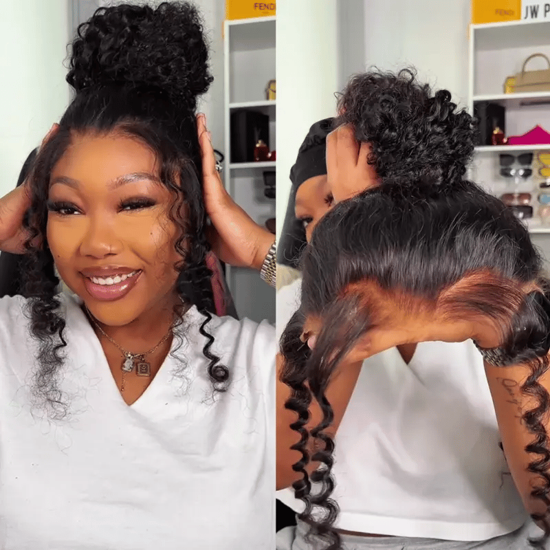 Pre-Styled Water Wave Ponytail with Spiral Curls Invisi Strap Snug Fit 360 Skin Lace Frontal Bleached Knots Glueless Wig - Image 2