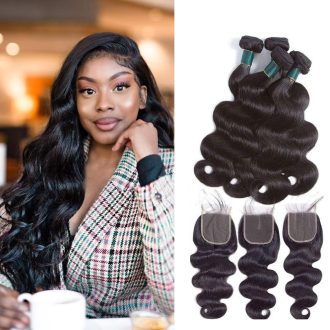 10A Body Wave Hair 4 Bundles With Closure Natural Color Ashimary