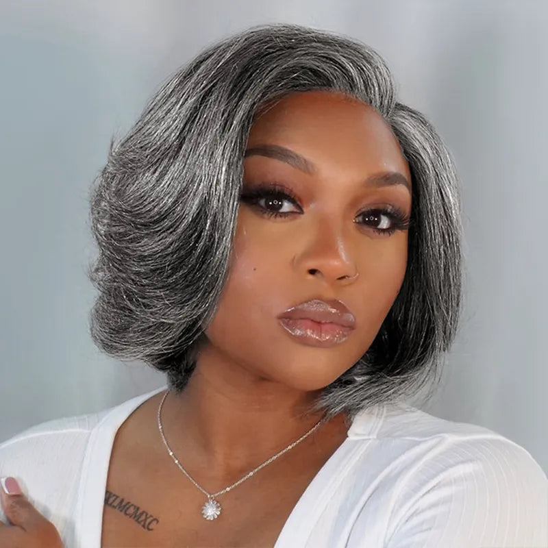 Salt and Pepper Pre-Styled Layered Cut Short Bob Wig Blowout Hairstyle Human Hair Wig - Image 3