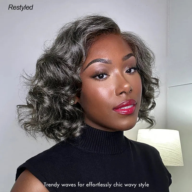 Salt and Pepper Pre-Styled Layered Cut Short Bob Wig Blowout Hairstyle Human Hair Wig - Image 5