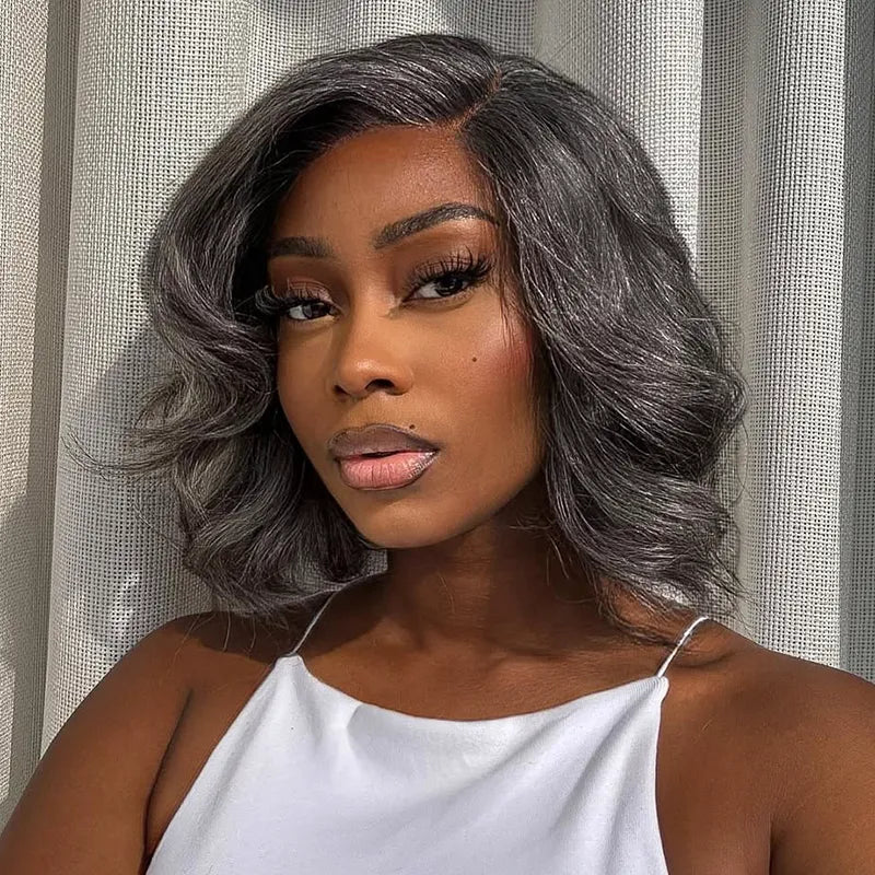 Salt and Pepper Pre-Styled Layered Cut Short Bob Wig Blowout Hairstyle Human Hair Wig - Image 6