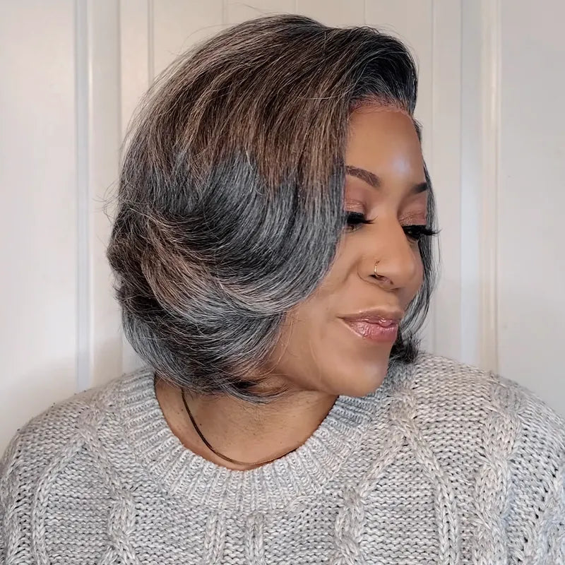 Salt and Pepper Pre-Styled Layered Cut Short Bob Wig Blowout Hairstyle Human Hair Wig - Image 4