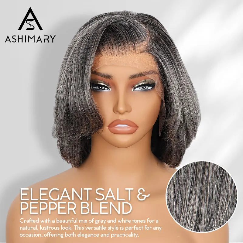 Salt and Pepper Pre-Styled Layered Cut Short Bob Wig Blowout Hairstyle Human Hair Wig - Image 8