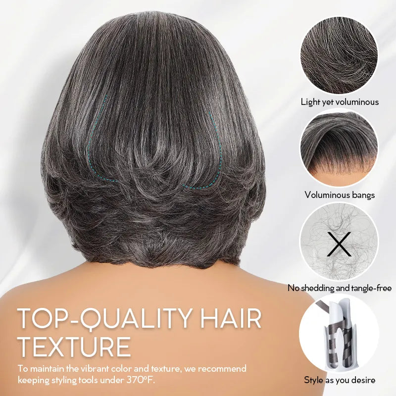 Salt and Pepper Pre-Styled Layered Cut Short Bob Wig Blowout Hairstyle Human Hair Wig - Image 9