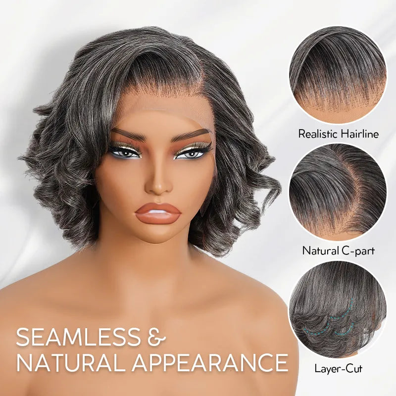 Salt and Pepper Pre-Styled Layered Cut Short Bob Wig Blowout Hairstyle Human Hair Wig - Image 10