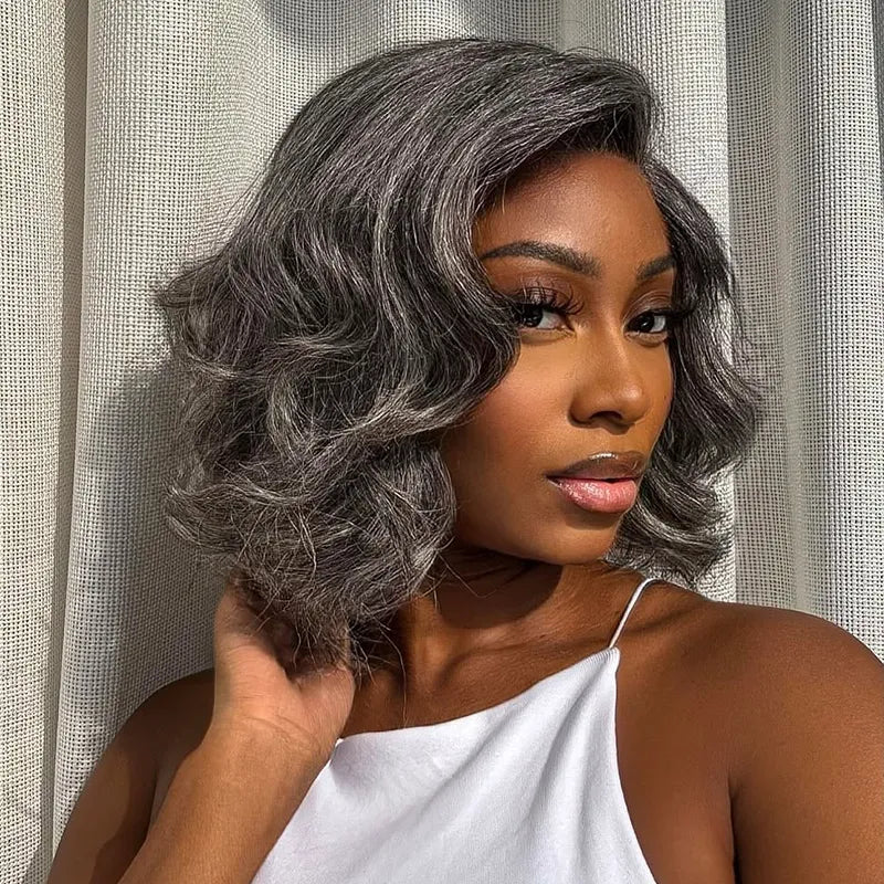 Salt and Pepper Pre-Styled Layered Cut Short Bob Wig Blowout Hairstyle Human Hair Wig - Image 7