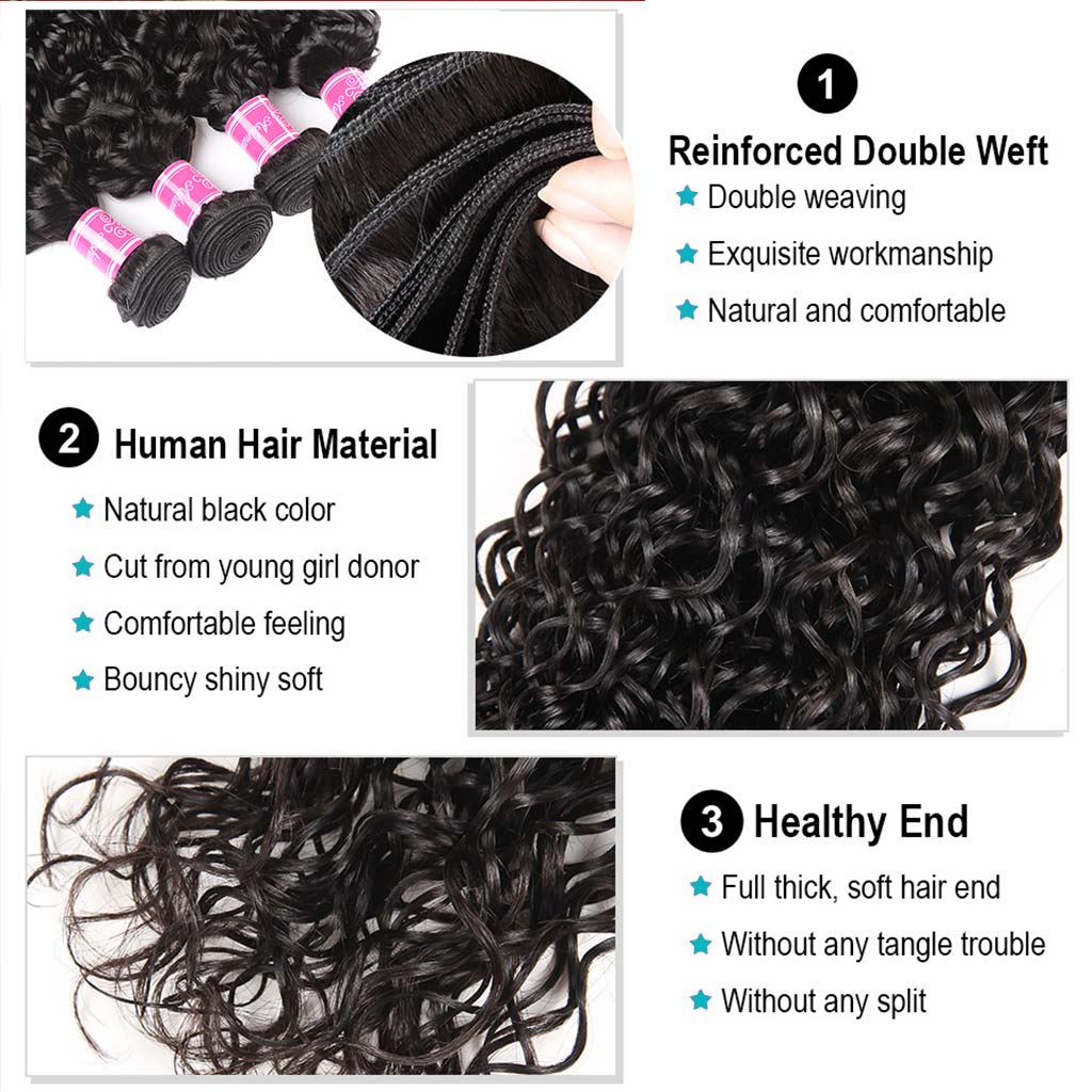 9A Water Wave Virgin Hair 3 Bundles with Closure Natural Color Malaysian Hair - Image 3
