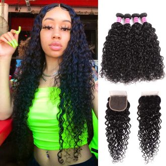 10A Water Wave Hair 4 Bundles With Closure Brazilian Hair Natural Color