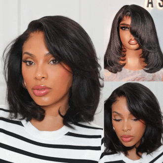 Layered Cut Yaki Straight Glueless Pull Go 13x4 Lace Frontal Bob Wig With Side Swept Bangs Put On And Go Double Drawn Human Hair Wig with Drawstring