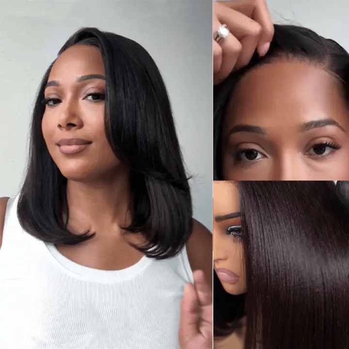 Layered Cut Yaki Straight Glueless Pull Go 13x4 Lace Frontal Bob Wig With Side Swept Bangs Put On And Go Double Drawn Human Hair Wig with Drawstring - Image 3