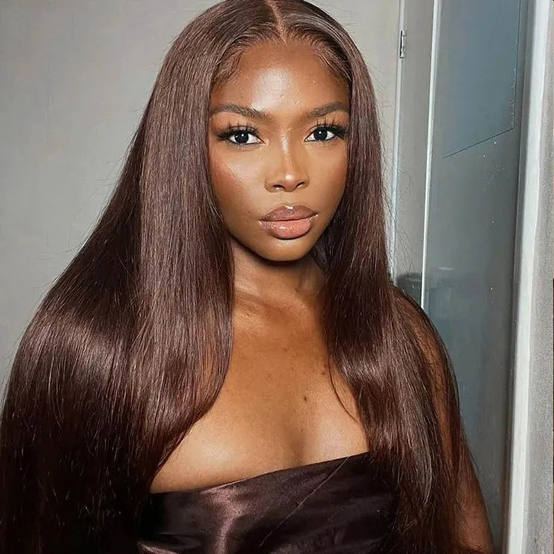 360 Lace Frontal 4# Chocolate Brown Wig Deep Wave Human Hair Wigs Transparent Lace Straight Wig - Image 3