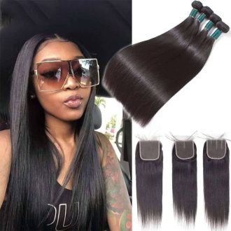 10A Straight Hair 4 Bundles With Closure Natural Color Indian Hair