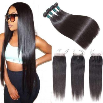 10A Straight Hair 4 Bundles With Closure Natural Color Brazilian Virgin Hair