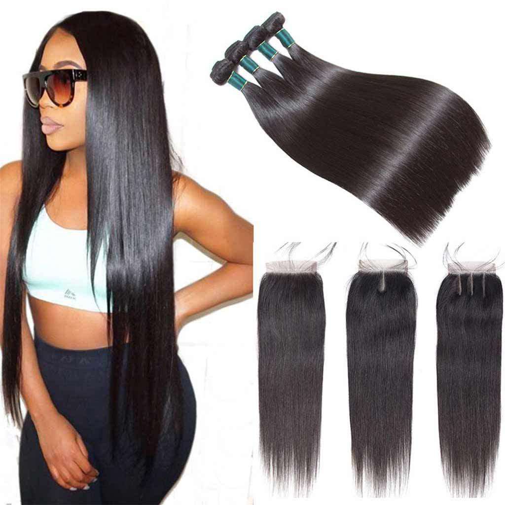 10A Straight Hair 4 Bundles With Closure Natural Color Brazilian Virgin Hair