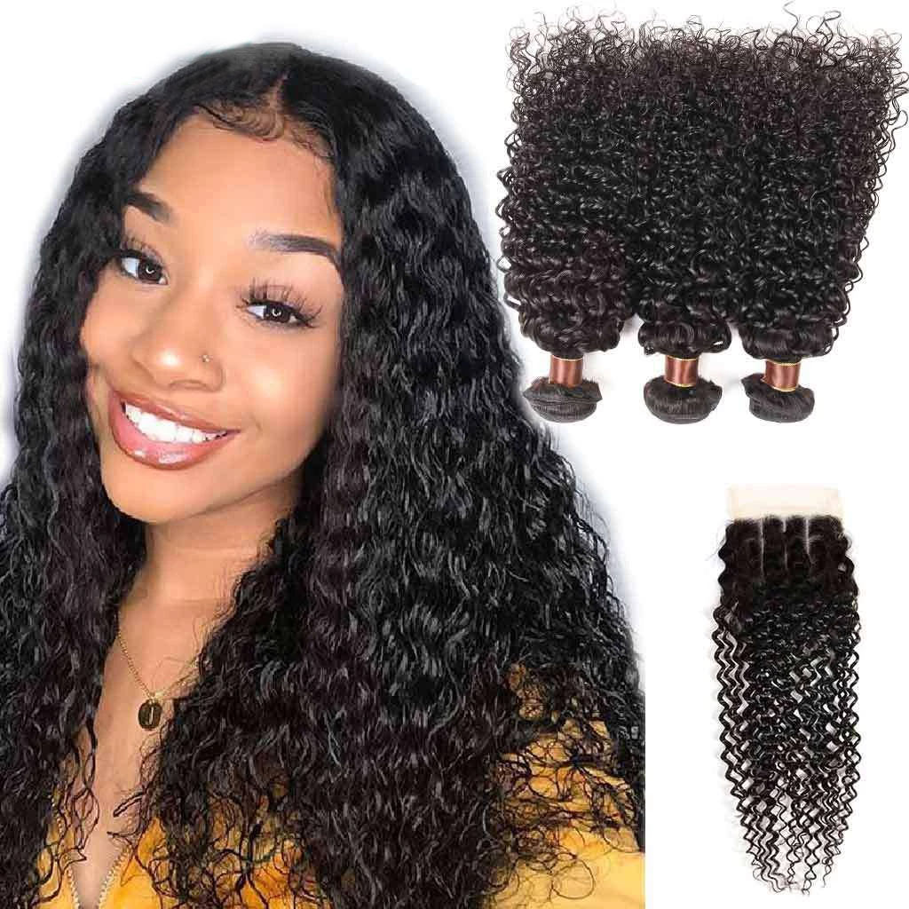 9A Jerry Curly 3 Bundles with Lace ClosureNatural Color Purvian Virgin Hair - Image 2