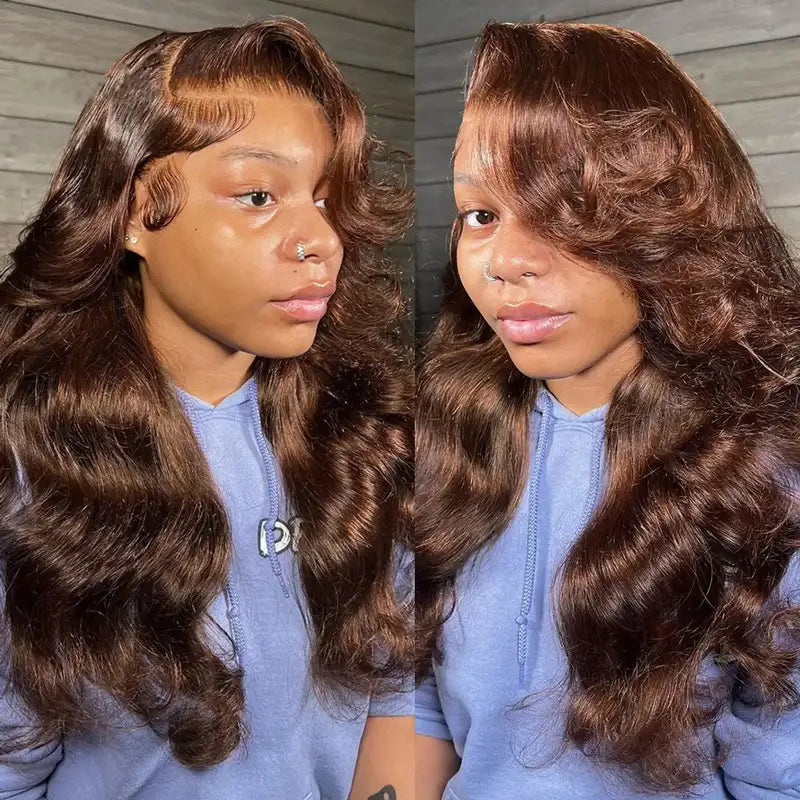 360 Lace Frontal 4# Chocolate Brown Body Wave Lace Front Wig Transparent Preplucked Lace Frontal Wig Colored Wigs - Image 7