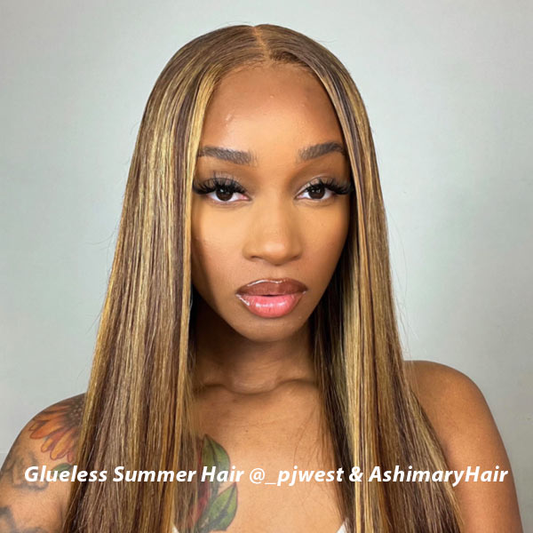 Blonde Highlight Put On & Go Silky Straight Glueless Beginner Friendly Ready to Wear Wig Pre Plucked Hairline & Bleached Knots - Image 5