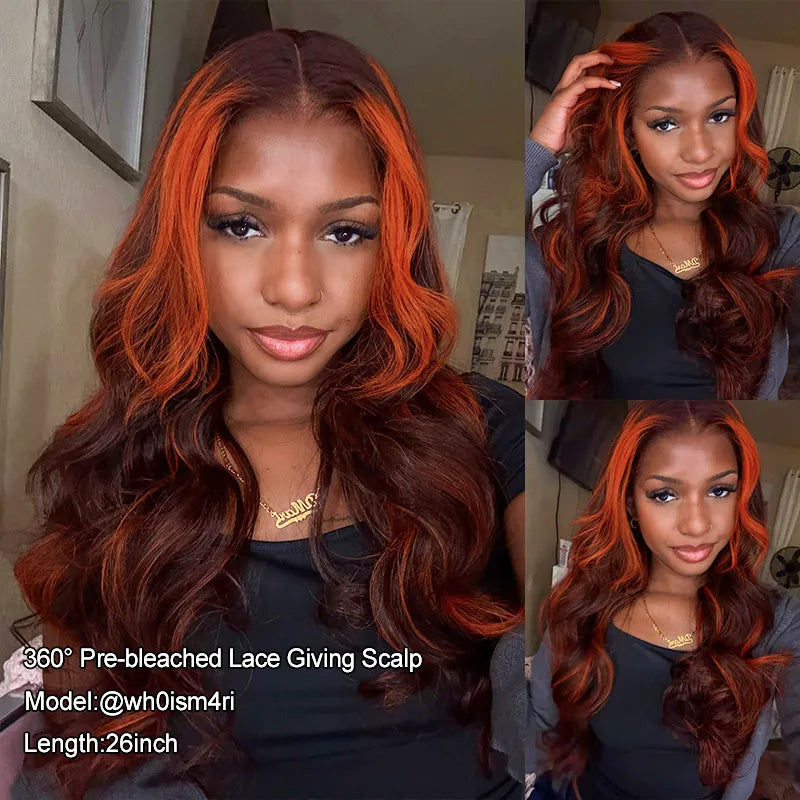 Salon Layer Cut Ginger Highlights On Brown Hair 360 Lace Frontal Invisi Strap Skin Lace InvisiDrawstring Snug Fit Body Wave Human Hair Wig - Image 3