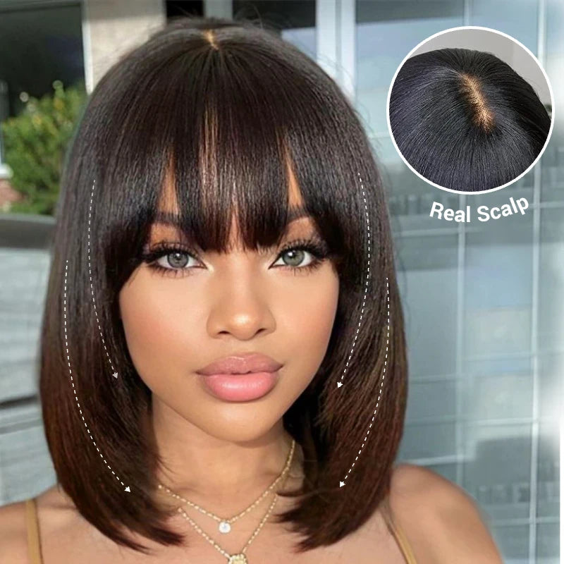 Pull Go 3x1 Minimal Lace Wig Pre-Cut Layers Mocha Brown Ombre Yaki Straight Bob Wig