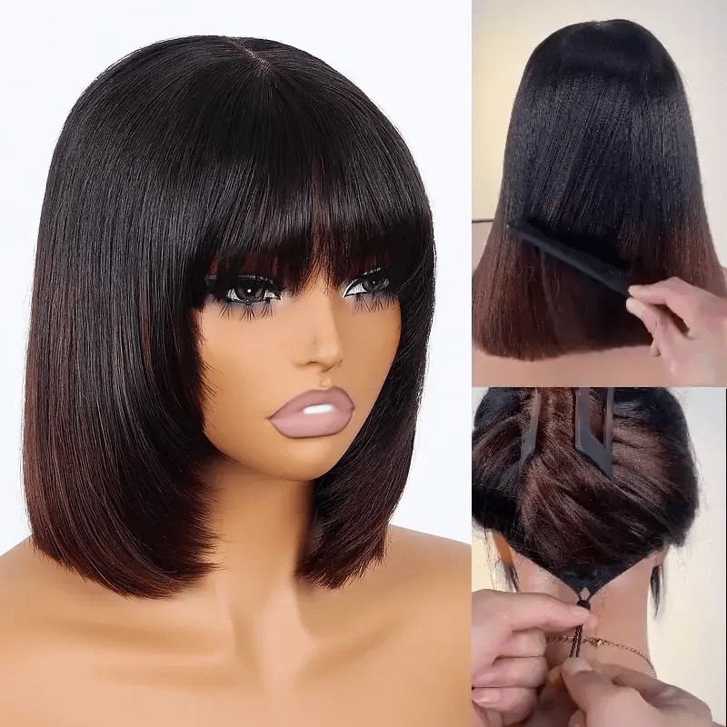 Pull Go 3x1 Minimal Lace Wig Pre-Cut Layers Mocha Brown Ombre Yaki Straight Bob Wig - Image 4
