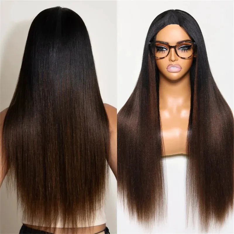 Yaki Straight Black Brown Ombre Half Wig With Drawstring Wear Go 3 in 1 Wig Flexible Fit Beginner Friendly - Image 3