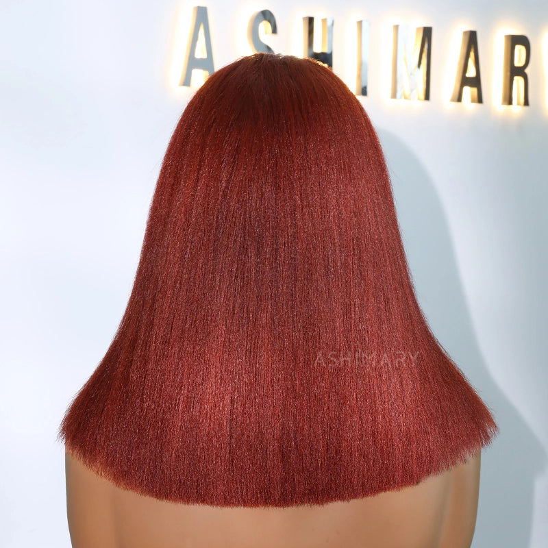 Reddish Brown Yaki Straight Pull Go 4x4 Lace Closure Bob Wig Double Drawn Silk Press Natural Look 100% Human Hair - Image 11