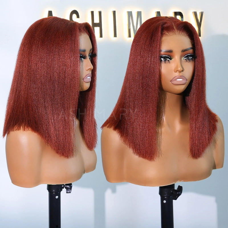 Reddish Brown Yaki Straight Pull Go 4x4 Lace Closure Bob Wig Double Drawn Silk Press Natural Look 100% Human Hair - Image 4