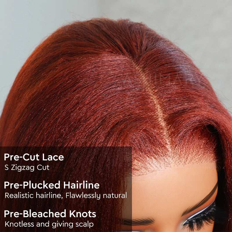 Reddish Brown Yaki Straight Pull Go 4x4 Lace Closure Bob Wig Double Drawn Silk Press Natural Look 100% Human Hair - Image 5