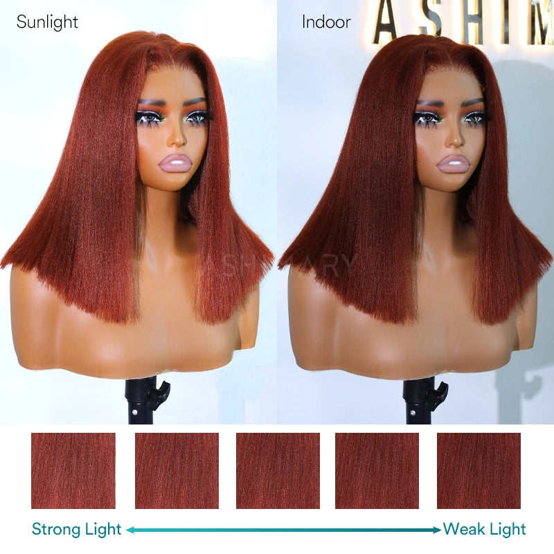Reddish Brown Yaki Straight Pull Go 4x4 Lace Closure Bob Wig Double Drawn Silk Press Natural Look 100% Human Hair - Image 10