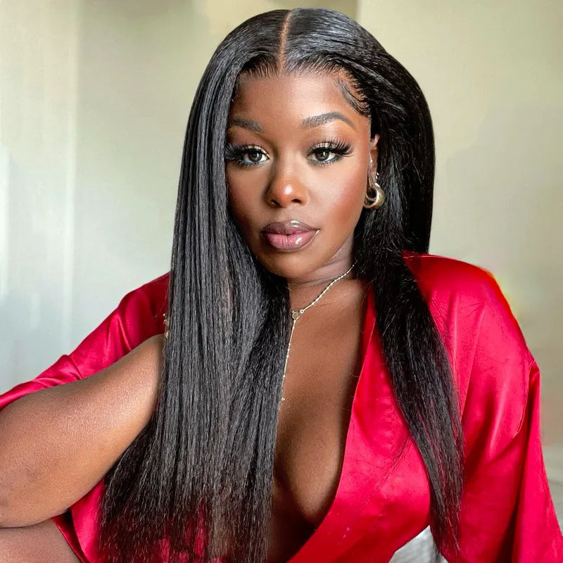 360 Lace Frontal Yaki Straight Wig Human Hair Pre Plucked Skin Lace Wig Light Yaki - Image 3