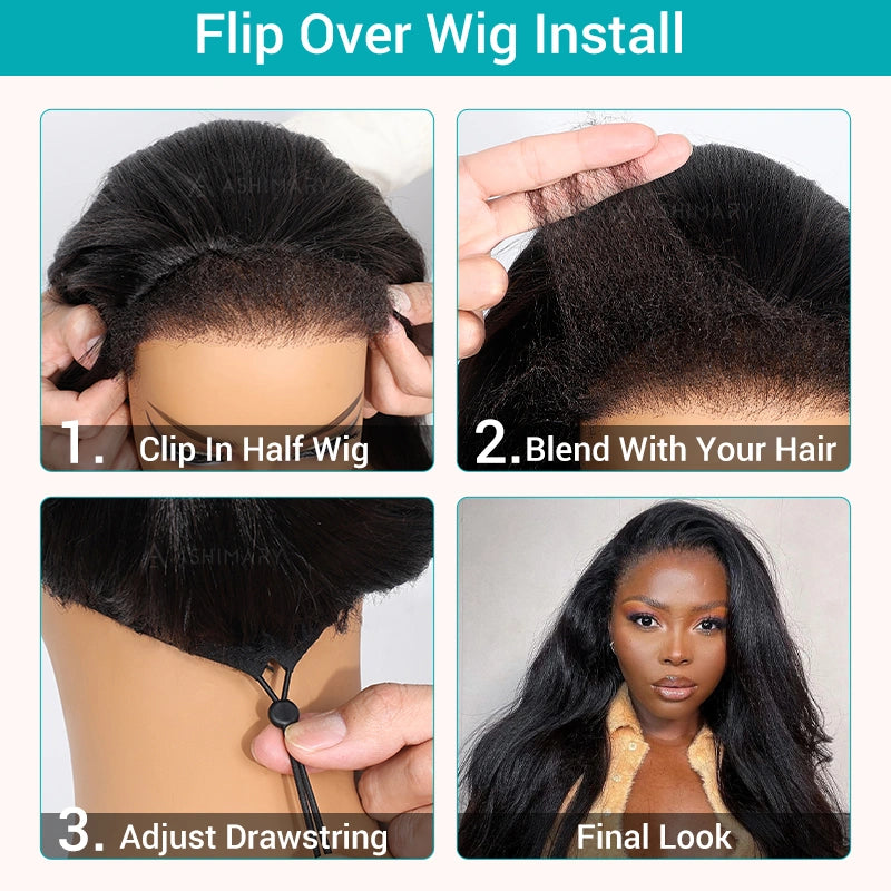 3 In 1 Half Wig Kinky Straight Hair with Spiral Curly Ends Glueless Install Half Wig With Adjustable Drawstring Flip Over Wig - Image 8