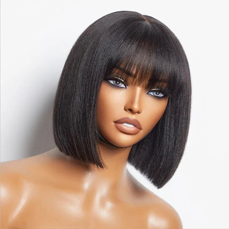 Flash Sale Realistic Look Pull Go Glueless Bob Wig With Bangs Human Hair Wig - Image 10