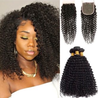 Afro Kinky Curly Hair 3 Bundles with Closure 10A Brazilian Human Hair Natural Color